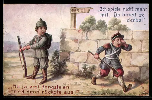 Künstler-AK sign. Hugo Spindler: Kleine Burschen in Uniform im Kriegsspiel