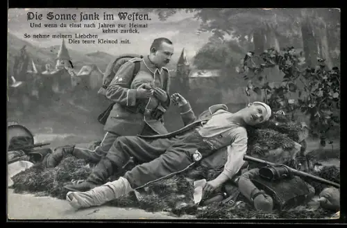 AK Sterbender Soldat gibt sein Eisernes Kreuz dem Kameraden, Rotes Kreuz