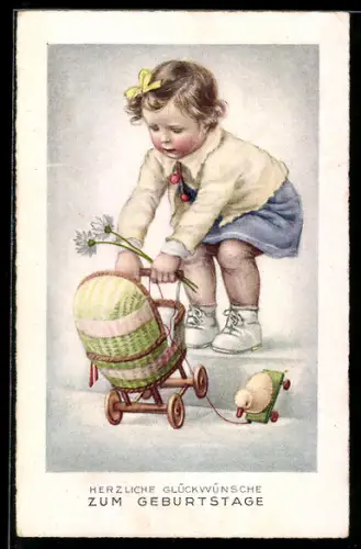 AK Mädchen mit Spielzeug-Kinderwagen & -Ente auf Treppe, Blumen