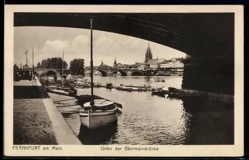 AK Frankfurt-Sachsenhausen, Unter der Obermainbrücke, Im Hintergrund Kirche