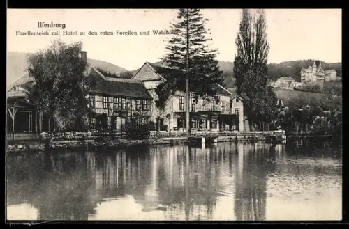AK Ilsenburg, Forellenteich mit Hotel zu den roten Forellen und Waldhöhe