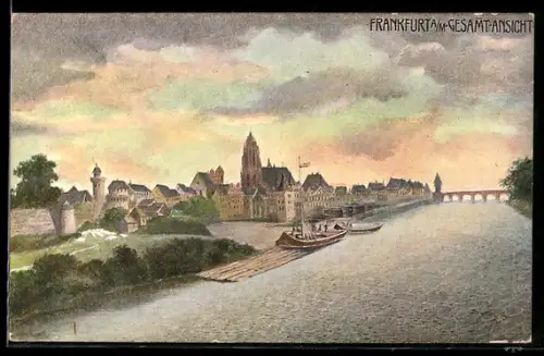 Künstler-AK Alt-Frankfurt, Gesamtansicht vom Main aus, Blick zum Dom