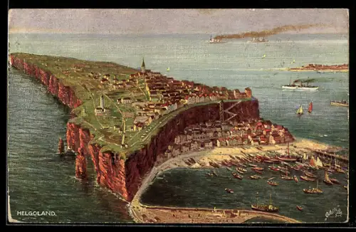Künstler-AK Helgoland, Helgoland aus der Vogelschau