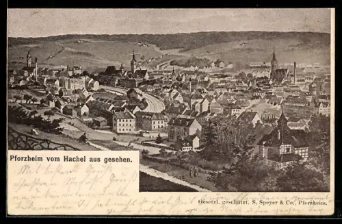 Künstler-AK Pforzheim, Teilansicht mit Kirche vom Hachel aus gesehen