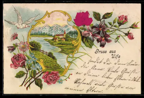 Stoff-Präge-AK Rosen und Blumenblüten, Taube, Dorf mit Gebirgspanorama