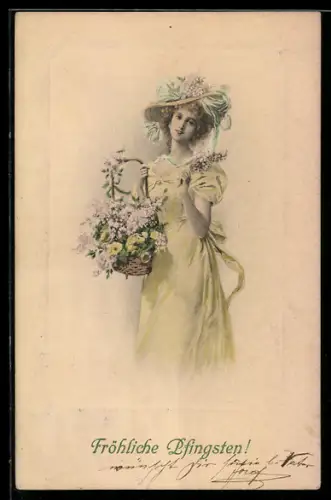 Künstler-AK M. Munk Nr. 276: Fräulein mit Blumenkorb, Pfingstgruss