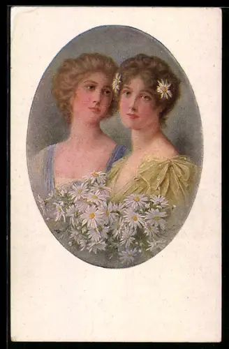 Künstler-AK M. Munk Nr. 1189: Zwei Frauen mit Margeriten