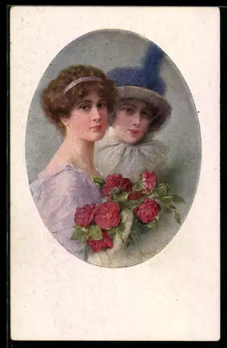 Künstler-AK M. Munk Nr. 1189: Zwei Frauen mit Rosen