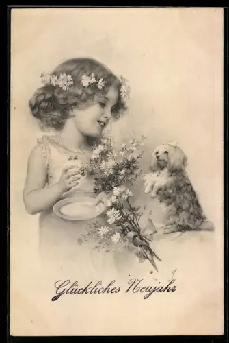 Künstler-AK M. Munk Nr. 175: Mädchen und Hund mit Blumen, Neujahrsgruss