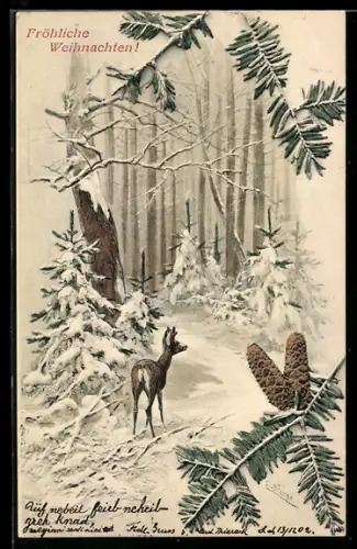 Künstler-AK M. Munk: Rehbock im Wald im Schnee, Weihnachtsgruss