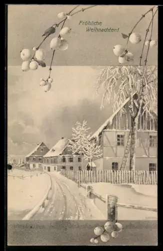 Künstler-AK M. Munk Nr. 395: Häuser an der Strasse im Winter, Weihnachtsgruss