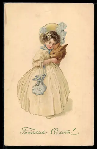 Künstler-AK M. Munk Nr. 653: Mädchen mit blauer Tasche und Kaninchen auf dem Arm
