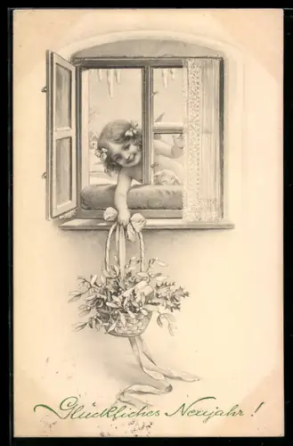Künstler-AK M. Munk Nr. 401: Kleines Mädchen mit Blumenkorb am Fenster, Neujahrsgruss