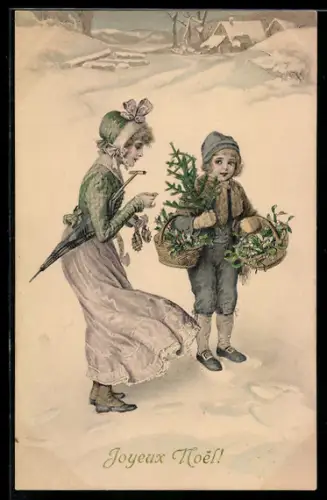 Künstler-AK M.Munk Nr.278: Mutter geht mit Tochter zur Weihnachtszeit Pflanzen sammeln