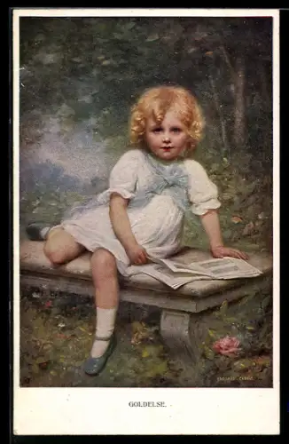 Künstler-AK M. Munk Nr. 880: Goldelse, Mädchen sitzt auf einer Steinbank und guckt in ein Bilderbuch
