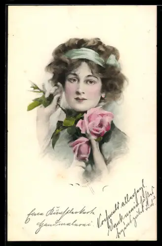 Künstler-AK M. Munk Nr. 640: Brünette Schönheit mit zwei Rosen