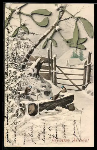 Künstler-AK M. Munk Nr. 117: Vögel am Brunnen im Winter, Neujahrsgruss