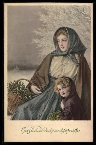 Künstler-AK M. Munk Nr. 1016: Frau mit Kind mit Misteln, Weihnachtsgruss