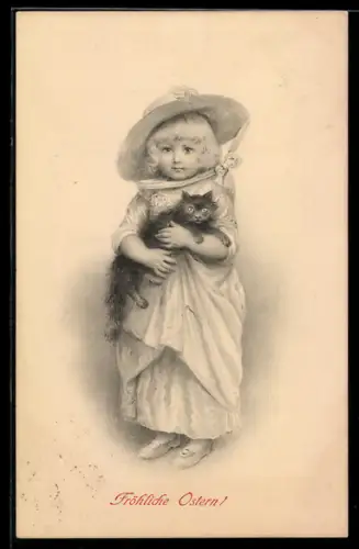 Künstler-AK M. Munk Nr. 217: Mädchen mit Hut und Katze auf dem Arm