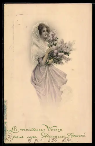 Künstler-AK M. Munk Nr. 276: Fräulein mit Blumen, Neujahrsgruss
