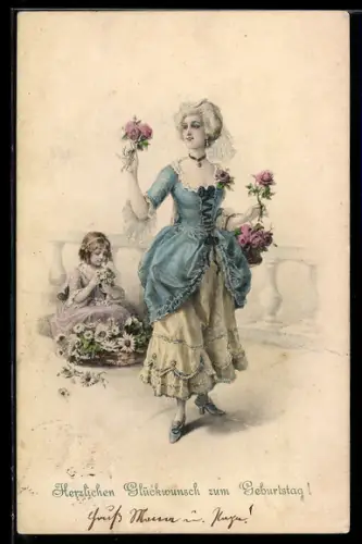 Künstler-AK M. Munk Nr. 577: Frau mit Rosen und Mädchen, Geburtstagsgruss