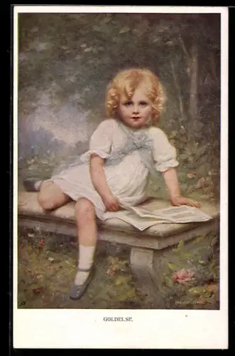 Künstler-AK M. Munk Nr. 880: Goldelse, Mädchen sitzt auf einer Steinbank und guckt in ein Bilderbuch