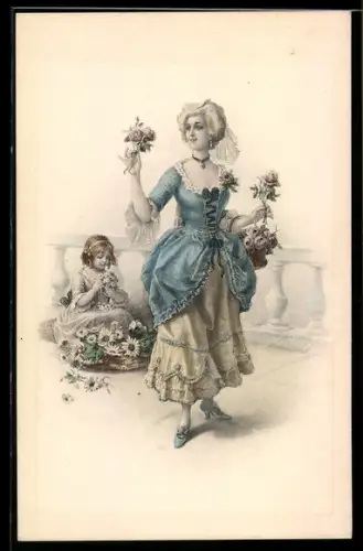 Künstler-AK M. Munk Nr. 577: Frau mit Rosen und Mädchen