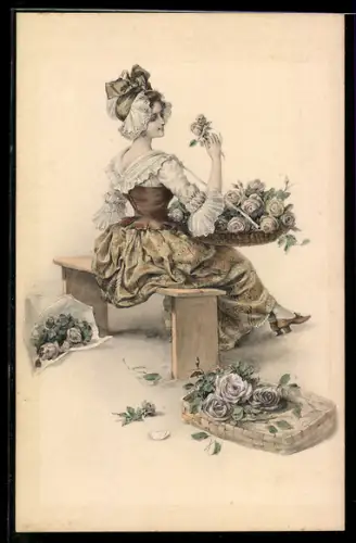Künstler-AK M. Munk Nr. 577: Edle Dame mit vielen Rosen auf einer Bank