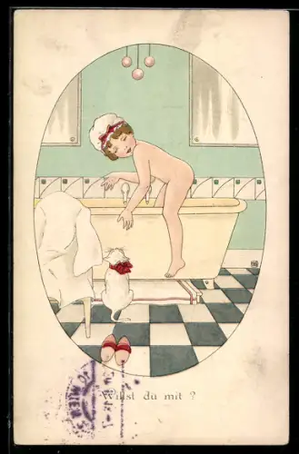 Künstler-AK Kind lädt seine Katze in die Badewanne ein