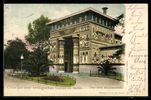 AK Berlin, Zoologischer Garten, das neue Straussenhaus