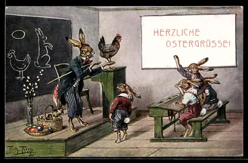 Künstler-AK Arthur Thiele: vermenschlichte Hasen in der Schule, Herzliche Ostergrüsse