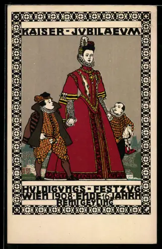 Künstler-AK Wiener Werkstätte Nr. 164, sign. Remigius Geyling: Wien, Kaiser-Jubiläum 1908, Huldigungs-Festzug