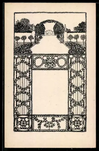 Künstler-AK Wiener Werkstätte Nr. 12, sign. Franz Lebisch: Tore im Rosengarten, Blumenornamentik, Jugendstil