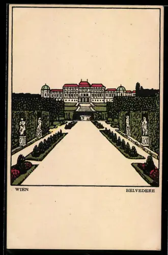Künstler-AK Wiener Werkstätte Nr. 136, sign. Urban Janke: Wien, Belvedere, Partie im Schlosspark