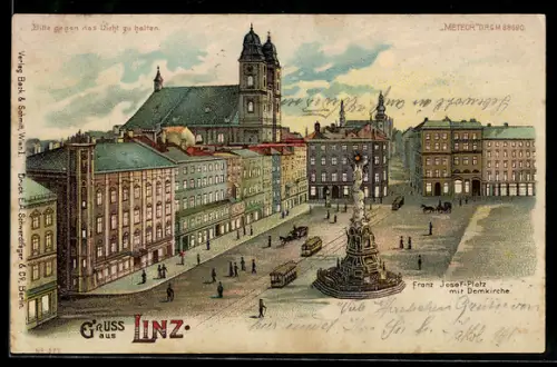 Lithographie Linz, Franz Josef-Platz mit Domkirche, Halt gegen das Licht