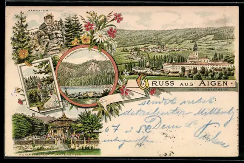 Vorläufer-Lithographie Aigen /Ober-Oesterreich, 1895, Gasthaus H. A. Almesbergers Gartensalon, Bärenstein, Calvarienberg