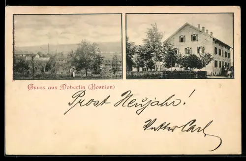 AK Doberlin, Mehrstöckiges Gebäude, Blick über den Ort