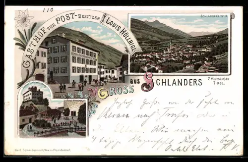Lithographie Schlanders, Gasthof zur Post, Schloss Schlandersberg & Gesamtansicht