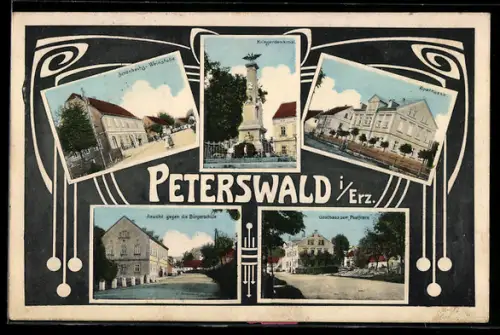 AK Peterswald i. Erz., Gasthaus zum Postfranz, Schönbach-Weinstube, Sparkasse, Kriegerdenkmal
