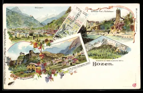 Lithographie Bozen, Ortsansicht, Gries mit Rosengarten, Schlösser Ried und Runkelstein