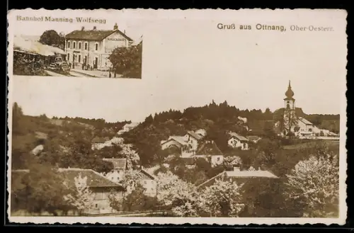 AK Ottnang /Ober-Oesterr., Bahnhof Manning-Wolfsegg, Blick zur Kirche