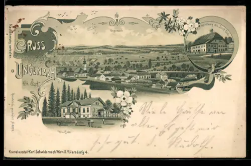 Lithographie Ungenach /Ob. Öst., Villa Luoni, Handlung d. Josef Fuchs