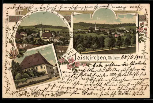 Lithographie Taiskirchen /Ob. Österr., Gasthof zum Erzherzog Franz Salvator, Blick zur Kirche