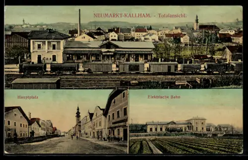 AK Neumarkt-Kallham, Totalansicht mit Bahnhof, Hauptplatz