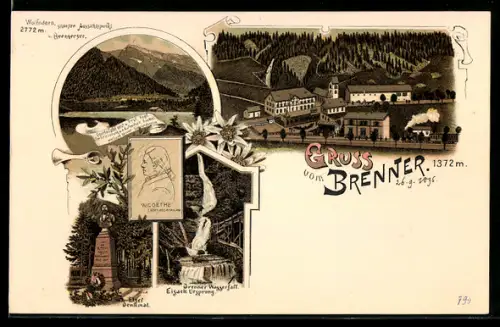 Lithographie Brenner, Wolfndorn und Brennersee, Etzel-Denkmal, Brenner Wasserfall Eisack Ursprung