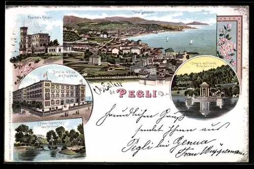 Lithographie Pegli, Ortsansicht von oben, Hotel de la Ville & d'Angleterre, Ponte Juponnis, Temple de Diana