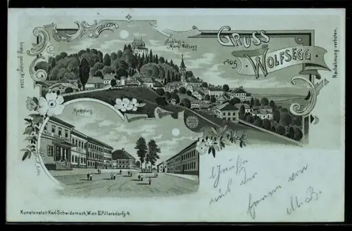 Mondschein-Lithographie Wolfsegg, Marktplatz, Schloss im Vollmondlicht