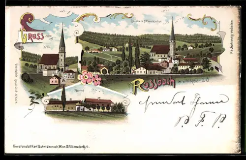 Lithographie Rossbach bei Mauerkirchen, Kirche, Pfarrhof