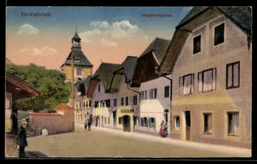AK Vöcklabruck, Jungmaiergasse mit Lederhandlung