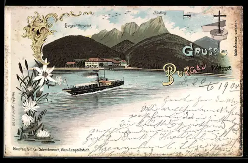 Lithographie Burgau / Attersee, Stadtansicht mit Fähre und Gebirgswand